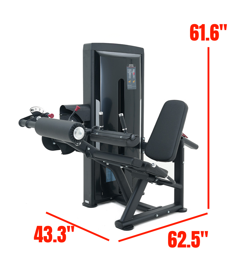Leg Curl Black Selectorized Gym Equipment Labeled with Dimensions