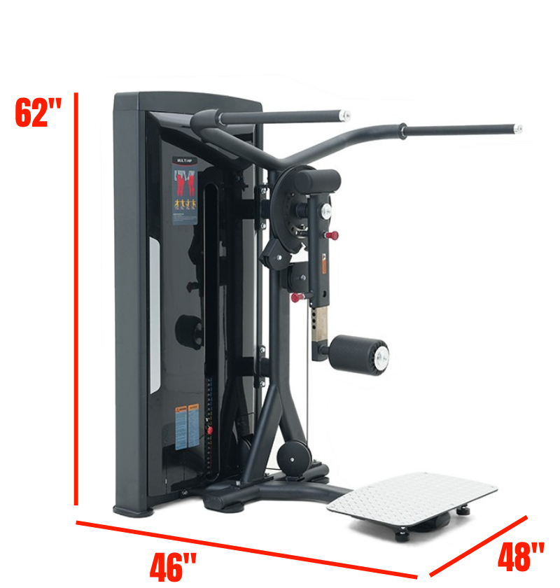 Black multi hip machine with dimensions labeled on a white background