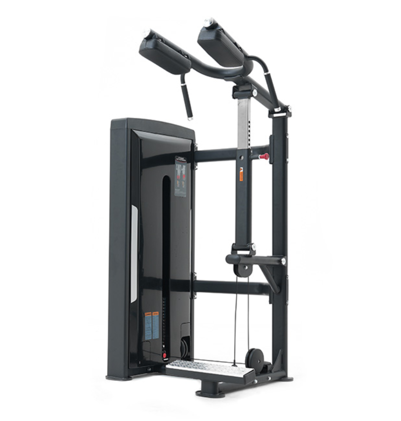 Black standing calf raise machine on a white background