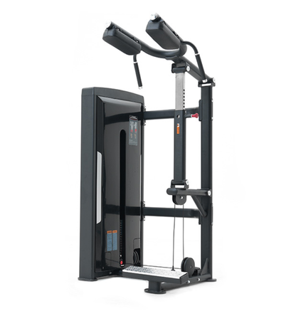 Black standing calf raise machine on a white background