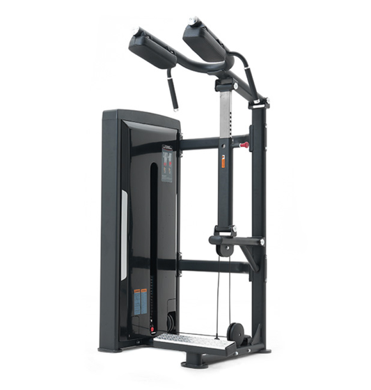 Black standing calf raise machine on a white background