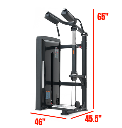 Black standing calf raise machine with dimensions labeled on a white background