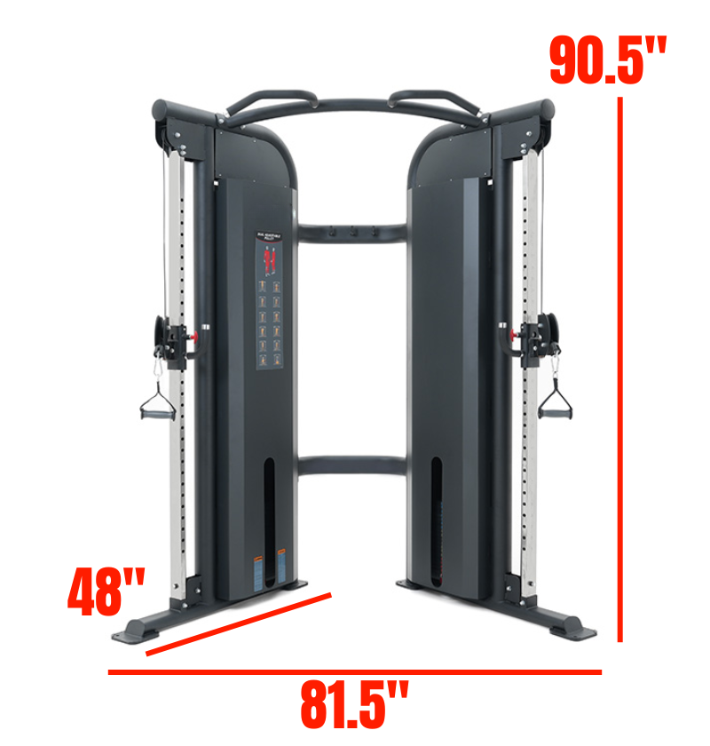 Dual Adjustable Pulley Black Selectorized Gym equipment Labeled with Dimensions 