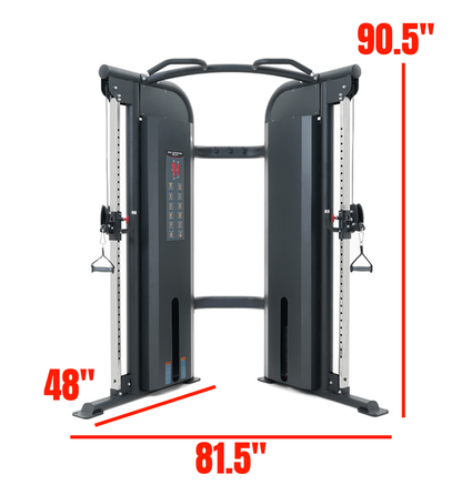Dual Adjustable Pulley Black Selectorized Gym equipment Labeled with Dimensions 