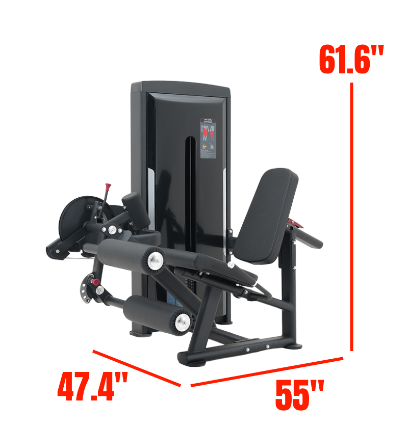Leg Curl Extension Black Selectorized Gym Equipment Labeled with Dimensions 