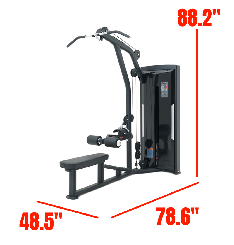 Lat Pulldown Seated Row Black Selectorized Gym Equipment Labeled with Dimensions