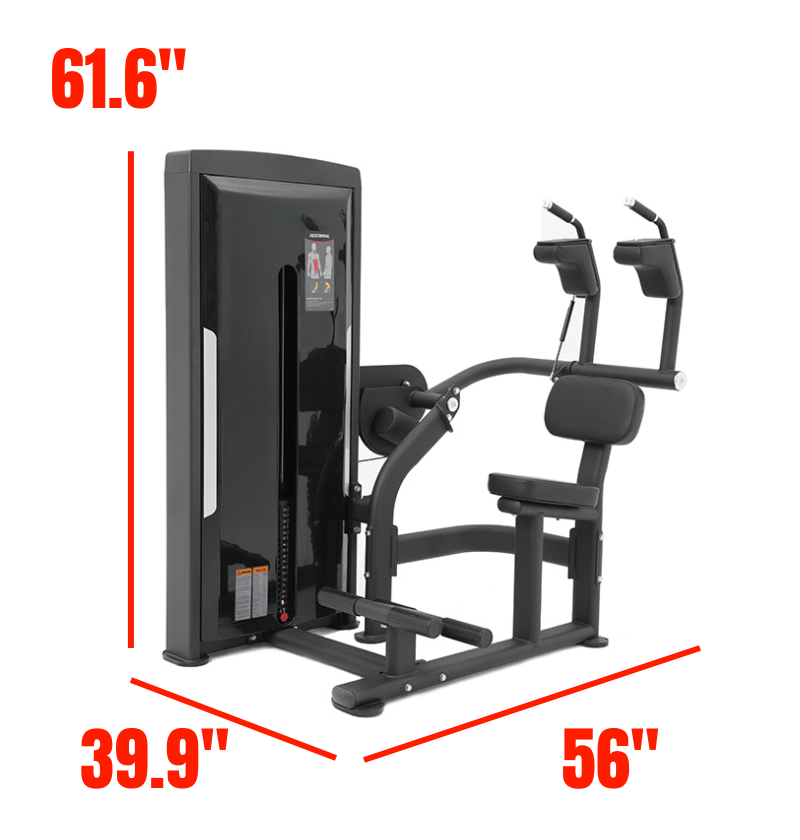Abdominal Crunch Black Selectorized Gym Equipment Display Labeled with Dimensions 