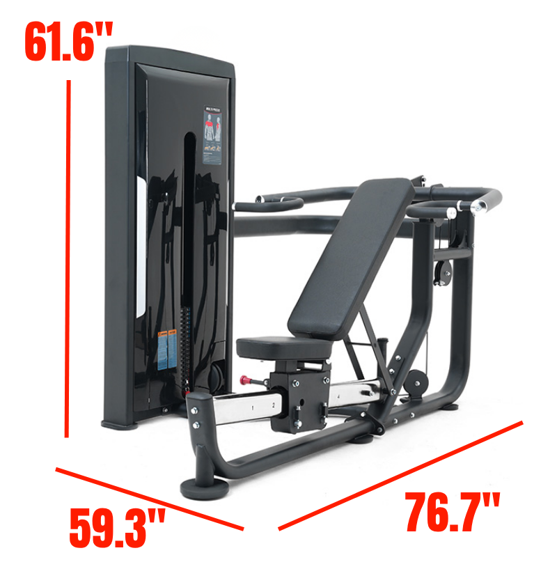 Multi Press Black Selectorized Gym Equipment Displayed Labeled with Dimensions 