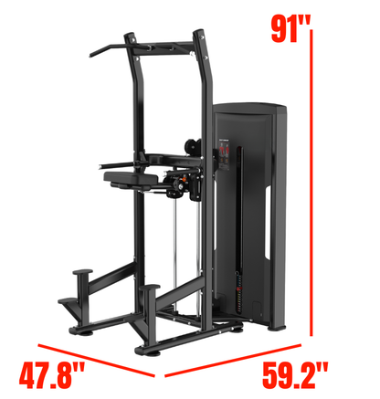 Chin Dip Black Selectorized Gym Equipment Labeled with Dimensions