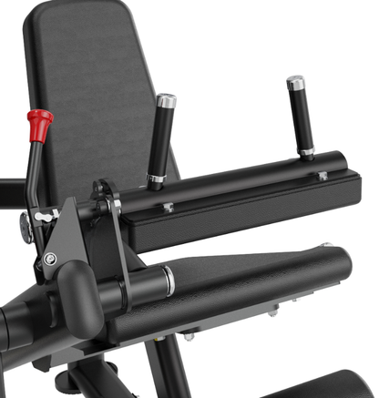 SA037 leg curl/extension black selectorized workout machine close up leg pad displayed on a white background 