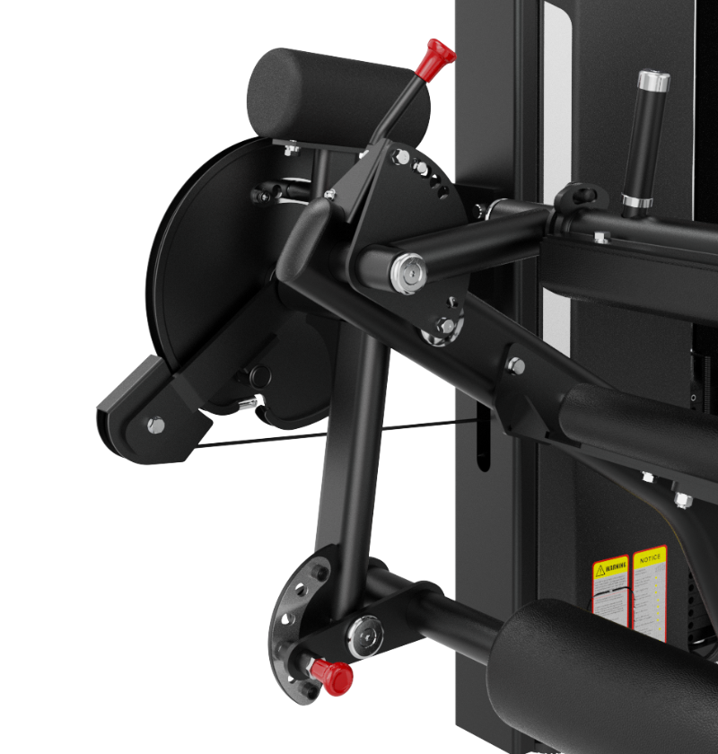 SA037 leg curl/extension black selectorized workout machine close up displayed on a white background 
