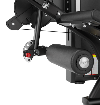 SA037 leg curl/extension black selectorized workout machine close up leg pad displayed on a white background 