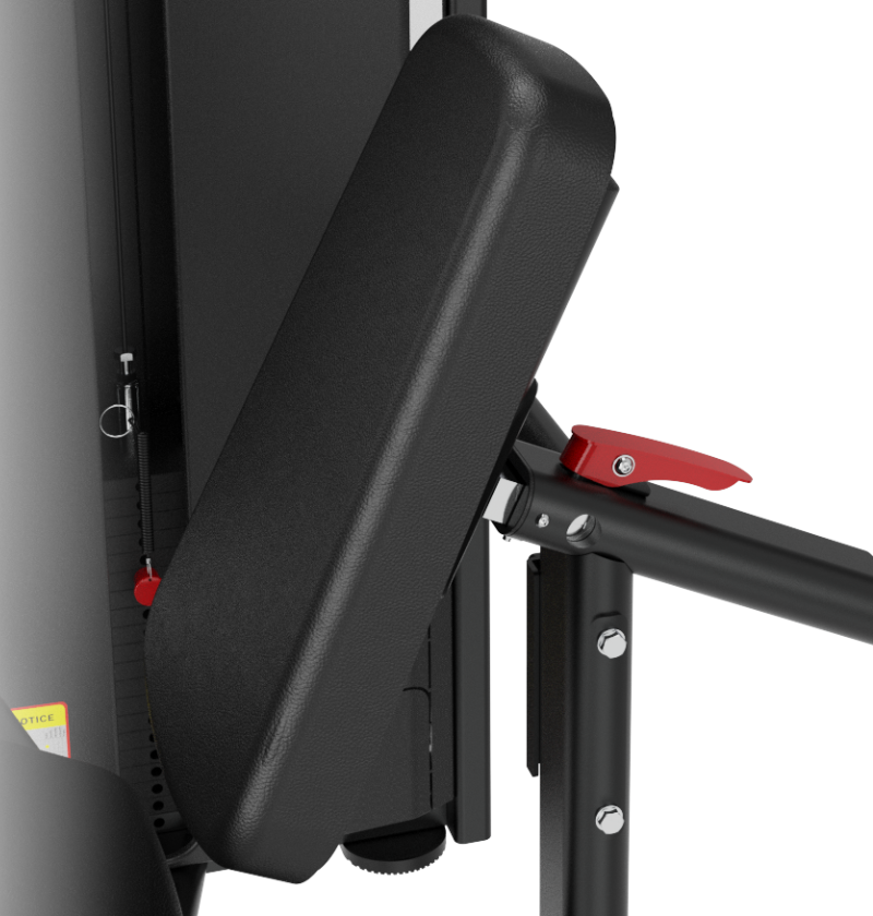 SA037 leg curl/extension black selectorized workout machine close up backrest displayed on a white background 