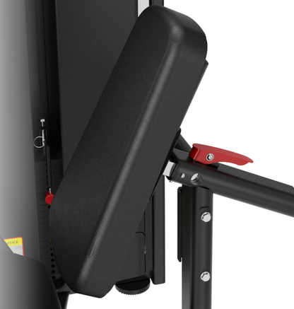 SA037 leg curl/extension black selectorized workout machine close up backrest displayed on a white background 