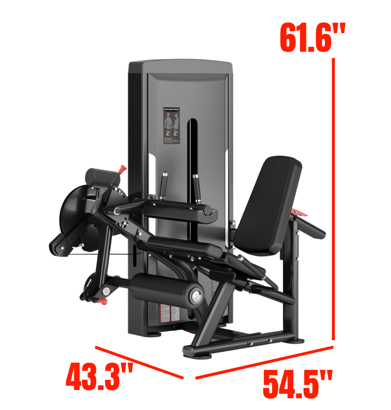 SA037 leg curl/extension black selectorized workout machine labeled with dimensions 
