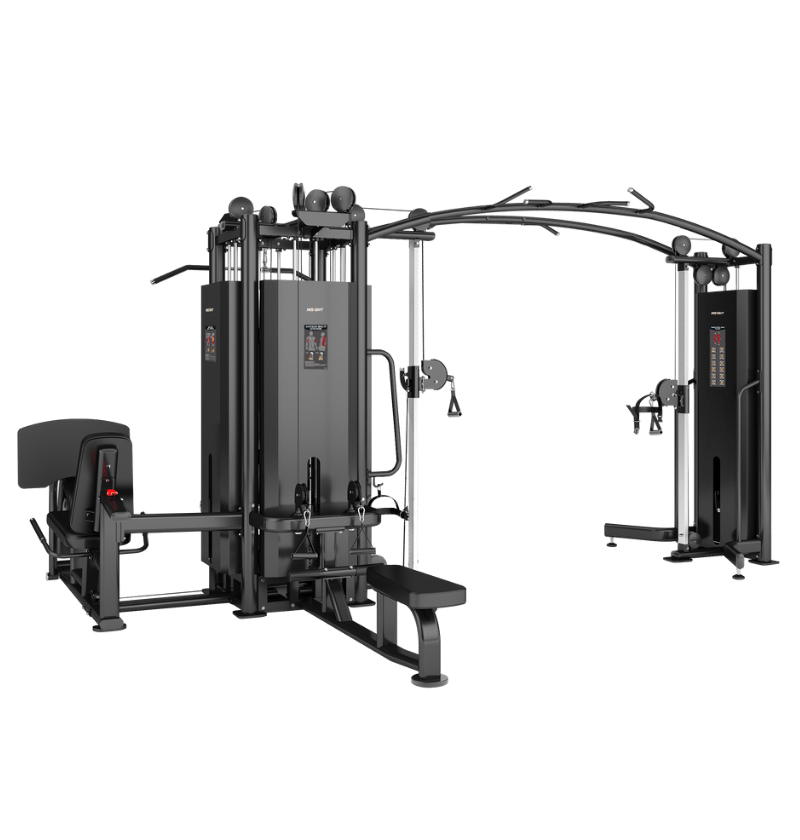 5 Stack Multi Station Black Gym Equipment Displayed on a White Background 