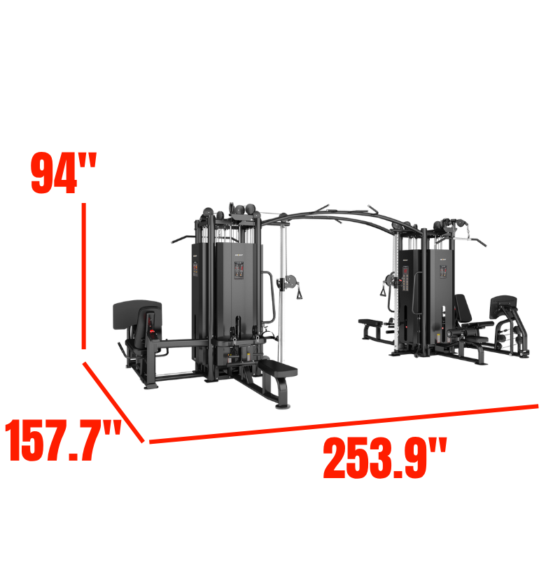 8 Stack Multi Station Black Gym Equipment Labeled with Dimensions 