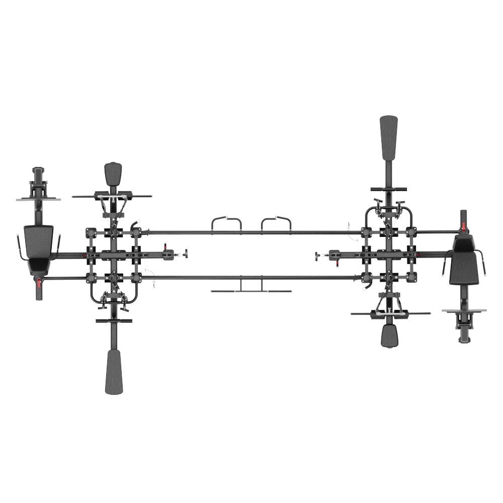 8 station gym with multiple rods and joints on a white background, top view