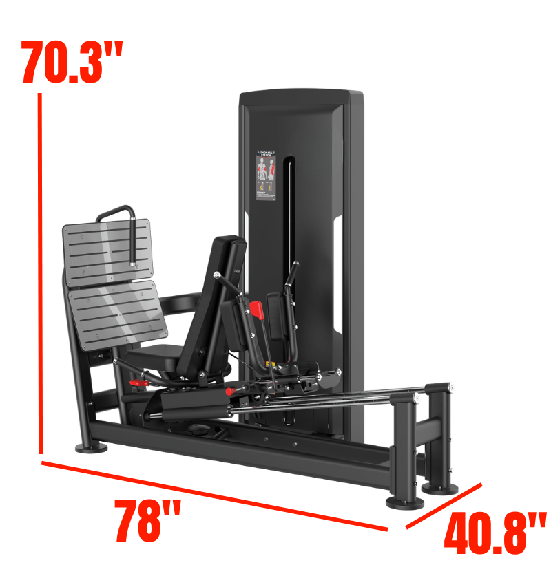 Leg Press Hack Squat Black Selectorized Exercise Machine Gym Equipment Displayed Labeled with Dimensions 