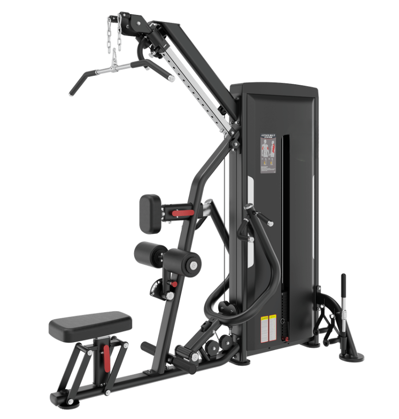 Lat pulldown multi row machine with black frame and red accents on a white background