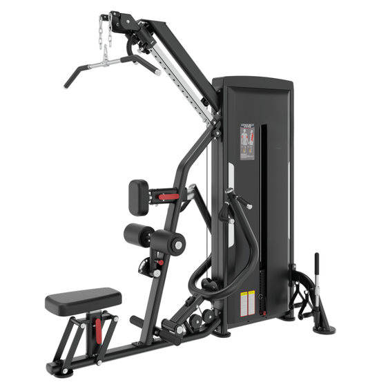 Lat pulldown multi row machine with black frame and red accents on a white background