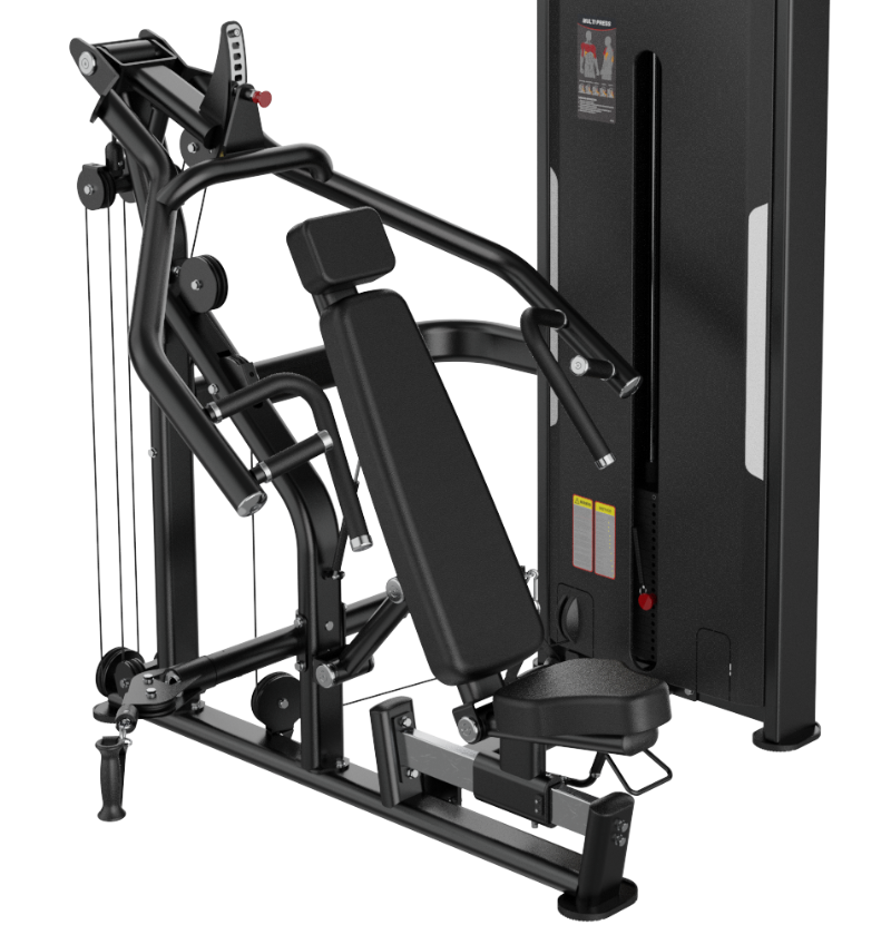 Multi Press Black Selectorized Exercise Machine Gym Equipment Close Up of Padded Seat and Handles 
