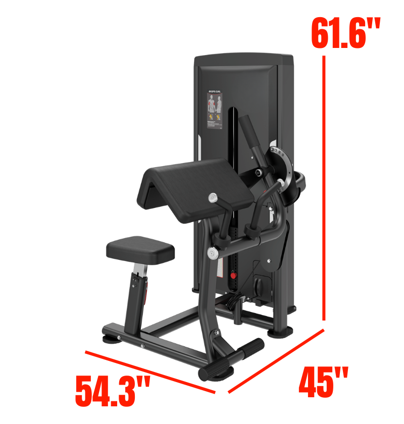 Bicpes Triceps Selectorized Black Exercise Machine labeled with dimensions 