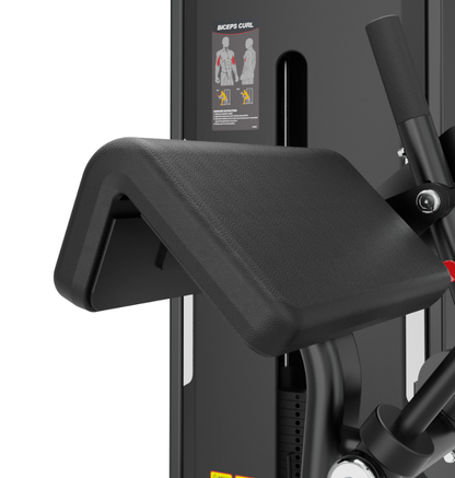 Bicep Triceps Black Selectorized Exercise Machine Close Up of Padded Seat