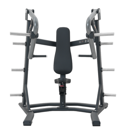 Black plate loaded chest press machine on a white background