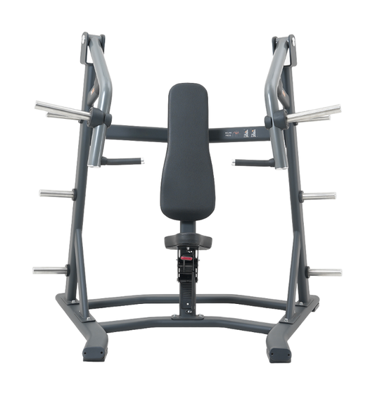 Black plate loaded incline chest press machine on a white background.