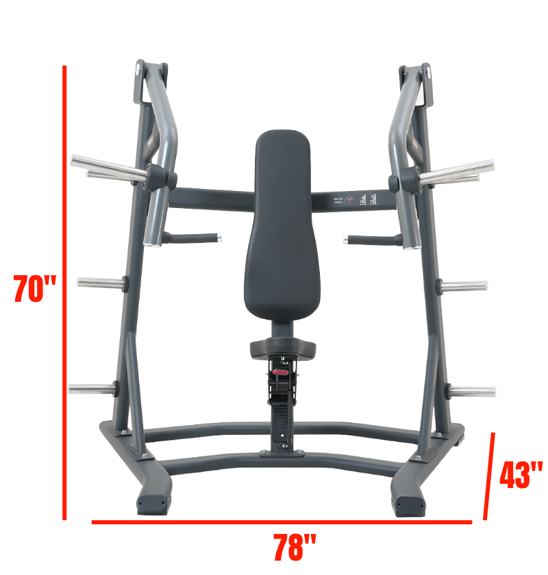 Black plate loaded incline chest press machine with dimensions labeled on a white background