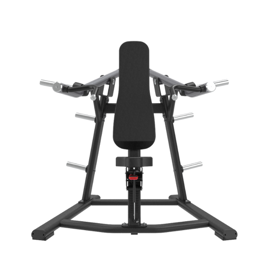 Black plate loaded shoulder press machine on a white background