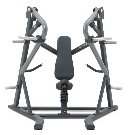 Plate loaded decline chest press machine with a black seat and metal frame on a white background
