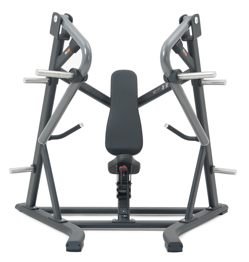 Plate loaded decline chest press machine with a black seat and metal frame on a white background