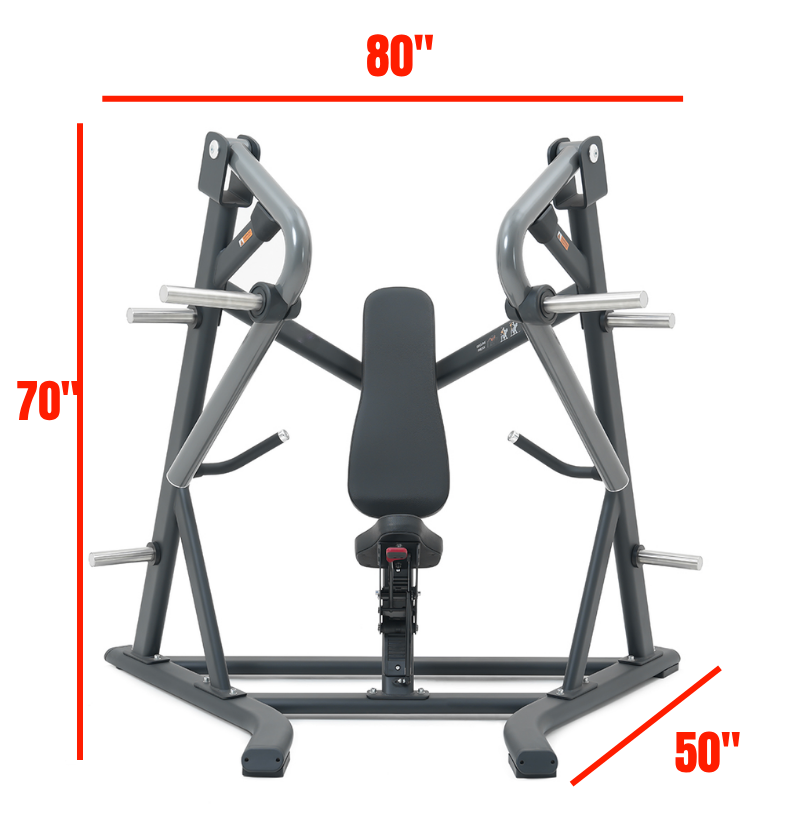 Plate loaded decline chest press machine with dimensions labeled on a white background