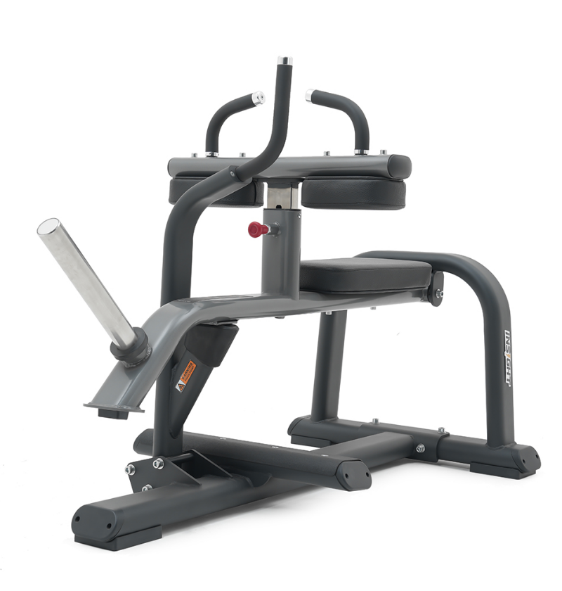 Seated Calf Raise dark grey workout machine displayed on a white background