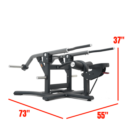 Black plate loaded tricep pressdown machine with dimensions on a white background