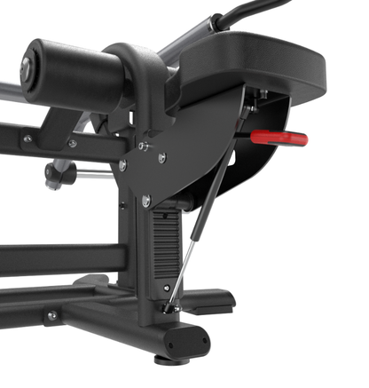 Close-up of a black plate loaded tricep pressdown machine's seat on a white background