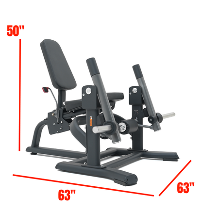 Black plate loaded leg extension machine with dimensions indicated on a white background