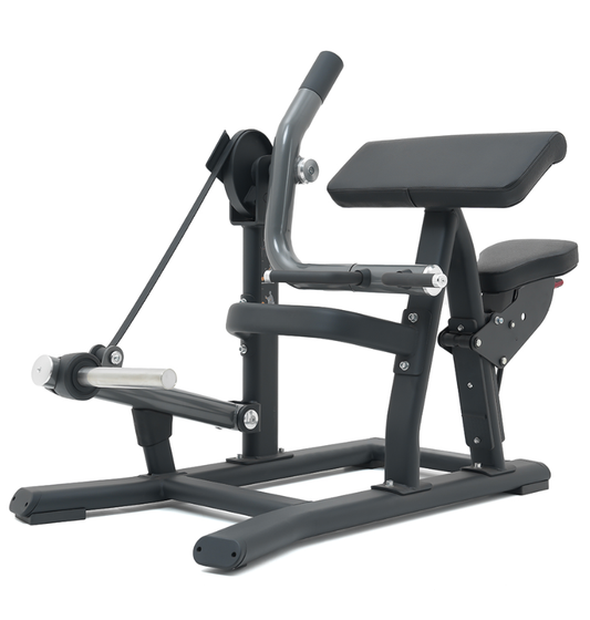 Plate loaded bicep curl machine with a black frame and padding on a white background