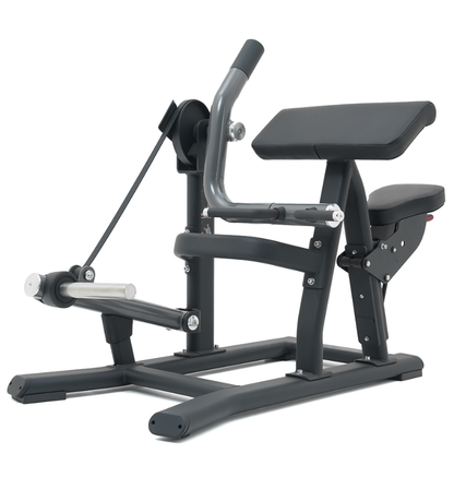 Plate loaded bicep curl machine with a black frame and padding on a white background