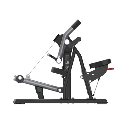 Plate loaded bicep curl machine with a black frame and padding on a white background