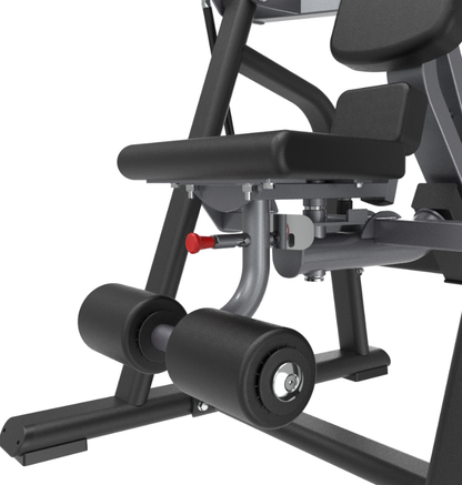 Close-up of a black plate loaded ab crunch machine with black padding and on a white background