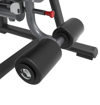 Close-up of a plate loaded ab crunch machine with black and gray design on a white background