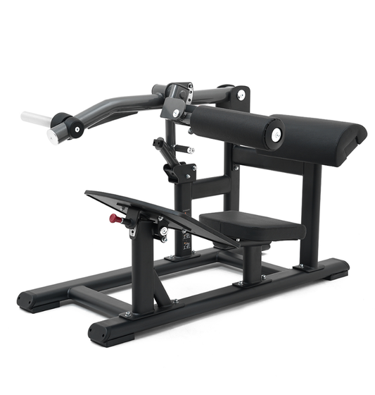 Plate loaded black hip thrust machine on a white background