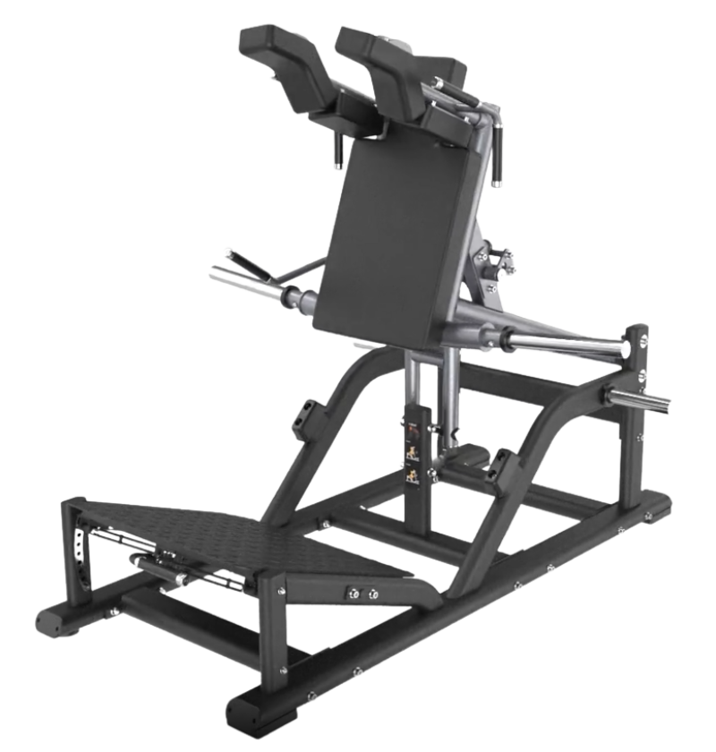 Black front squat machine on a white background