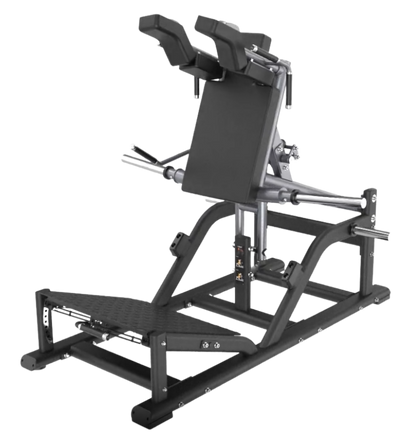 Black front squat machine on a white background