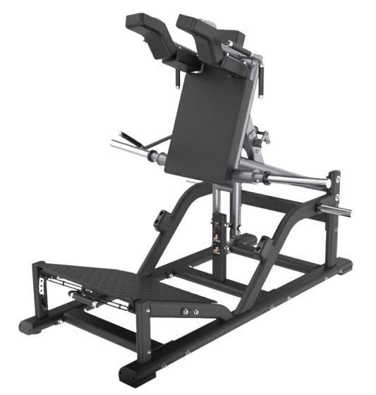 Black front squat machine on a white background