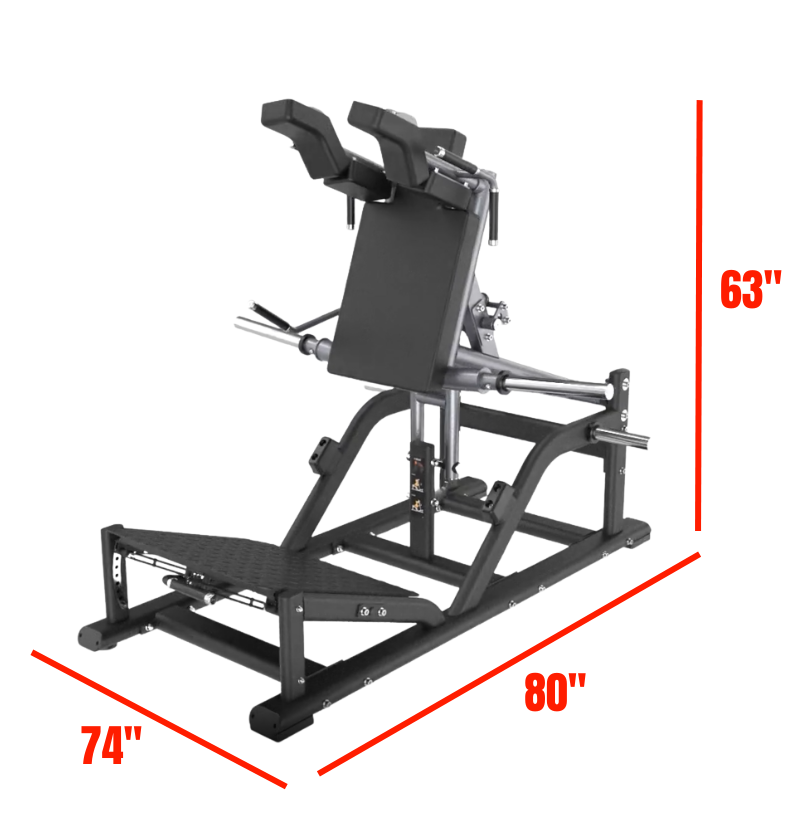 Front squat machine with dimensions labeled on a white background