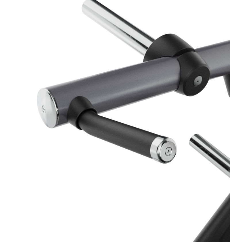 Close-up of the rubber coated handle on the black iso horizontal bench press on a white background